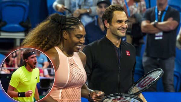 Serena Williams, Roger Federer, and Stefanos Tsitsipas (via X/Olley Tennis/Swiss Tennis)